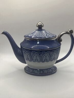 Vintage Bombay Co Blue & White Porcelain Teapot - Arabesque Tile & Platinum Trim